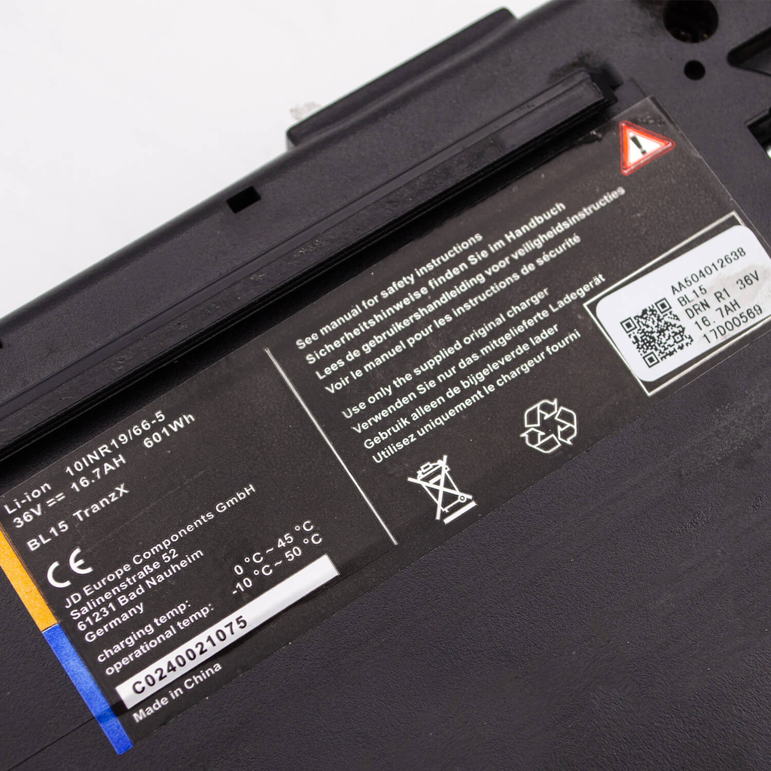 Informationer på TranzX BL15 36v elcykel batteri